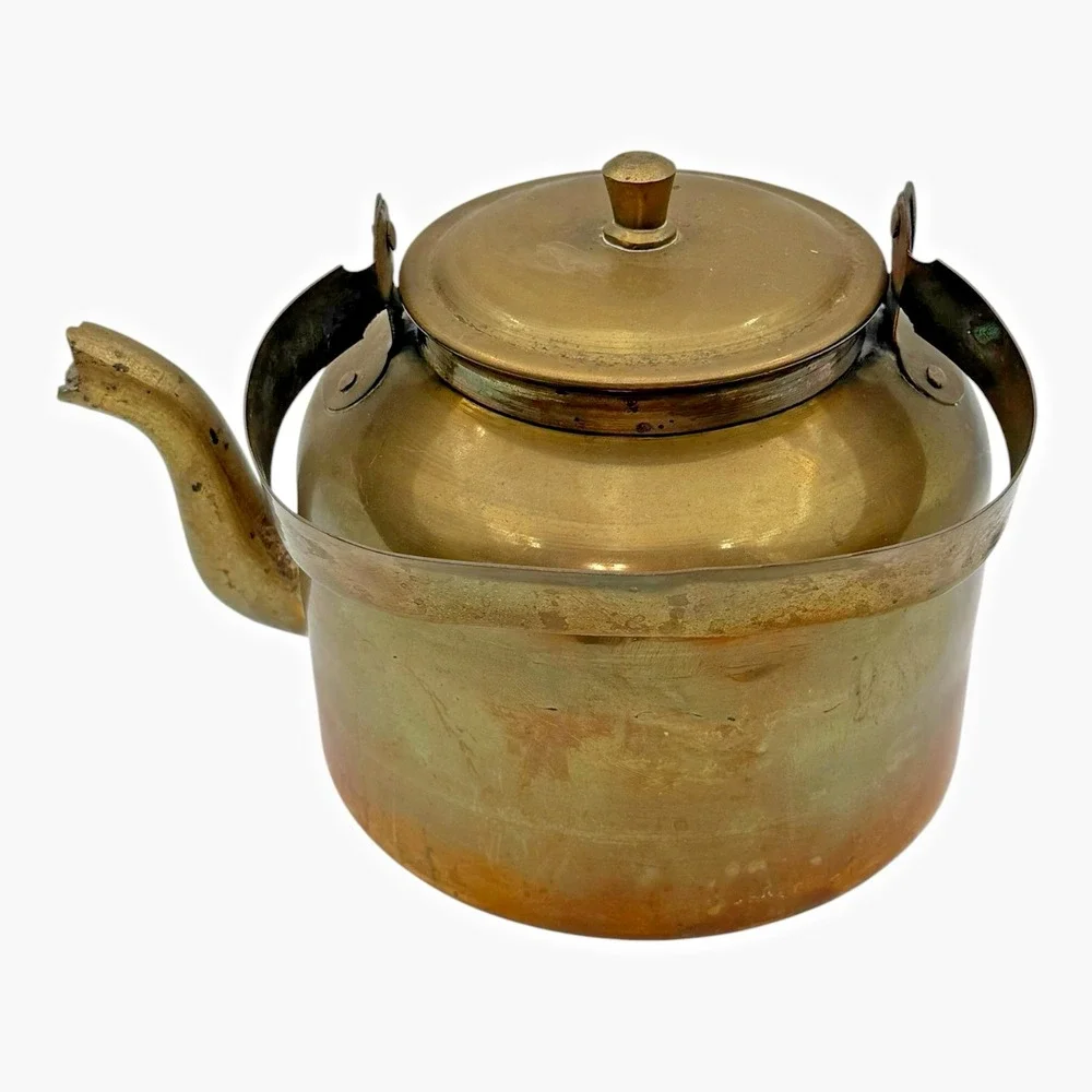 Brass Tea Kettle Primitive Farmhouse Cottage Cabin Rustic Kitchen Decor Vintage